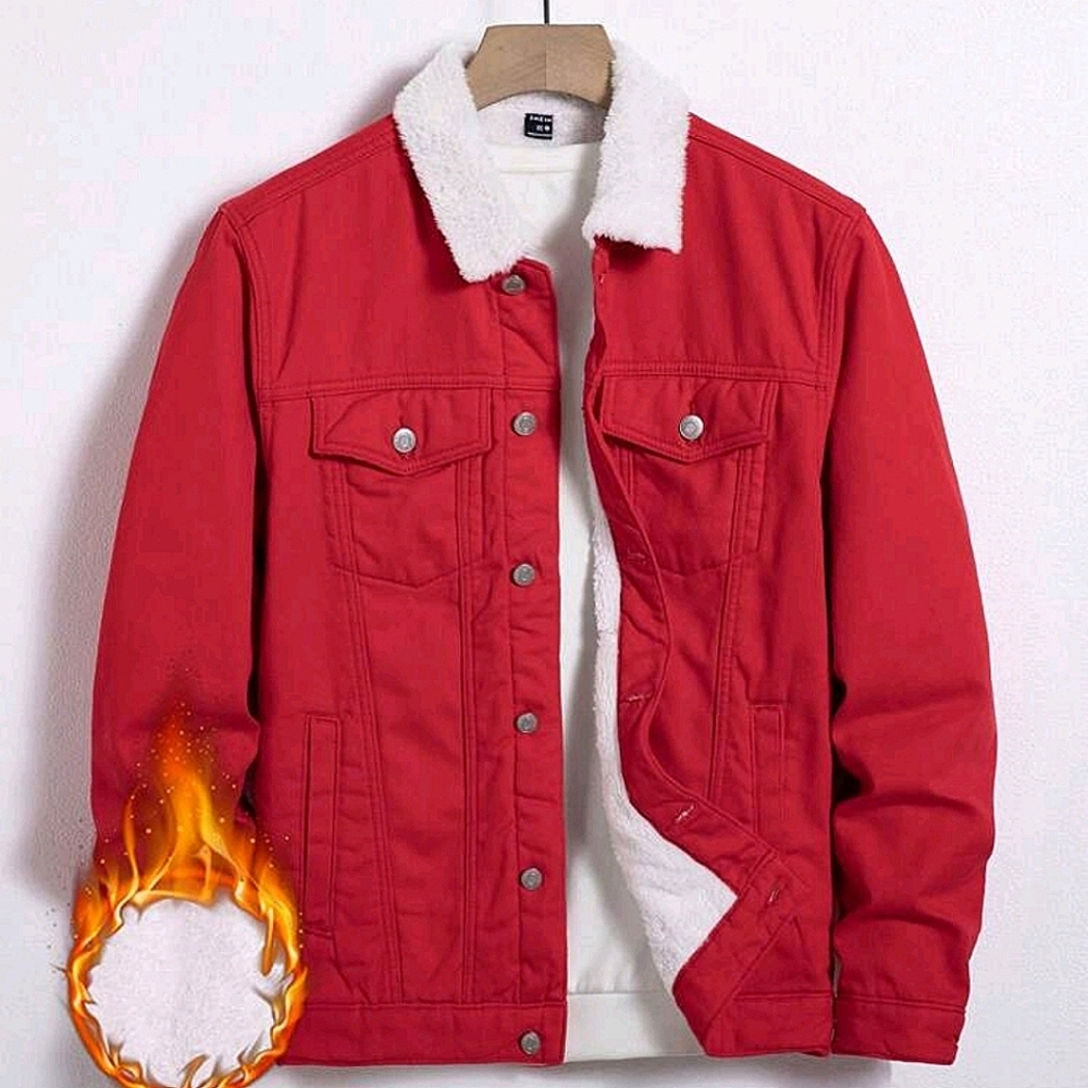 NEW! RED DENIM SHEARLING COLLAR JACKET SIZE S SHEIN